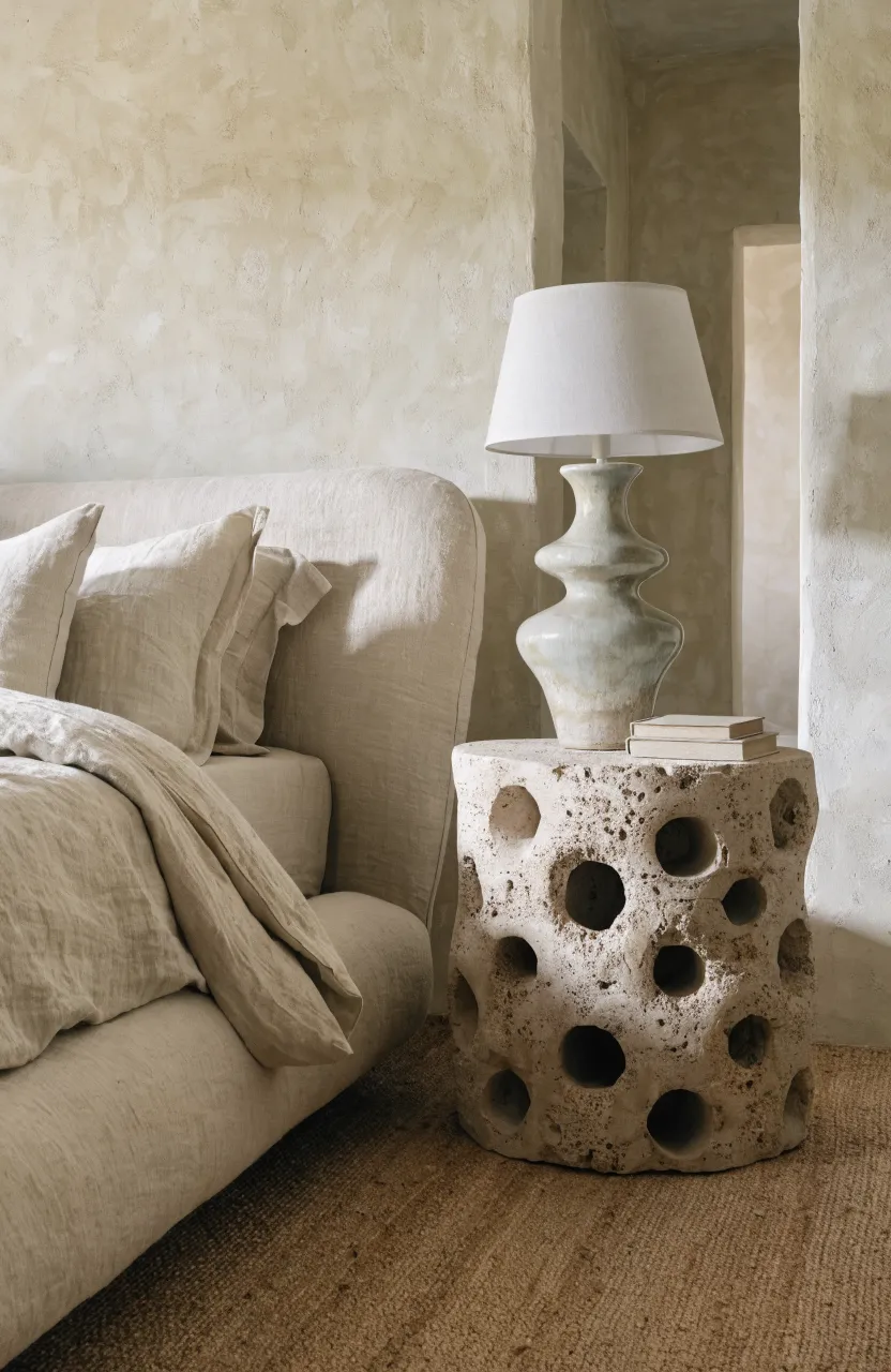 A natural travertine stone side table provides texture contrast in a warm beige bedroom.