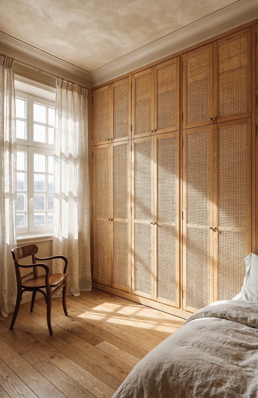 Woven cane wardrobe doors add a vintage tan texture to a modern warm beige bedroom.