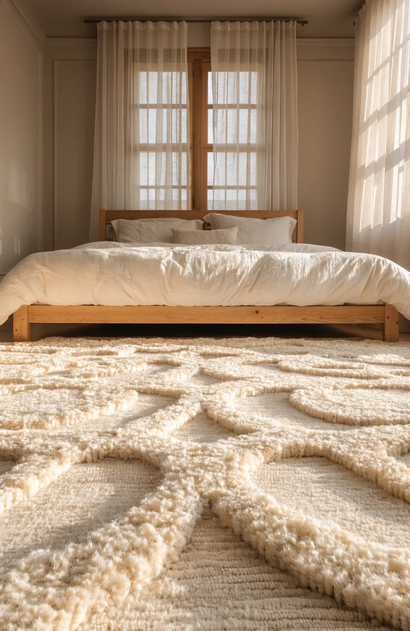 A cream-colored handmade wool rug with high-low pile texture in a warm beige bedroom.