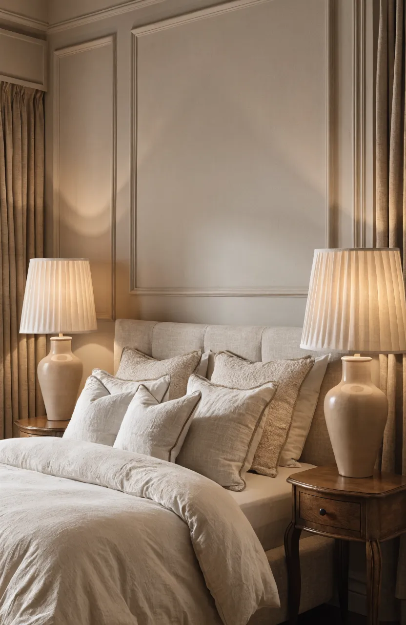 Pleated ecru lamp shades provide soft, warm lighting in a traditional beige bedroom.
