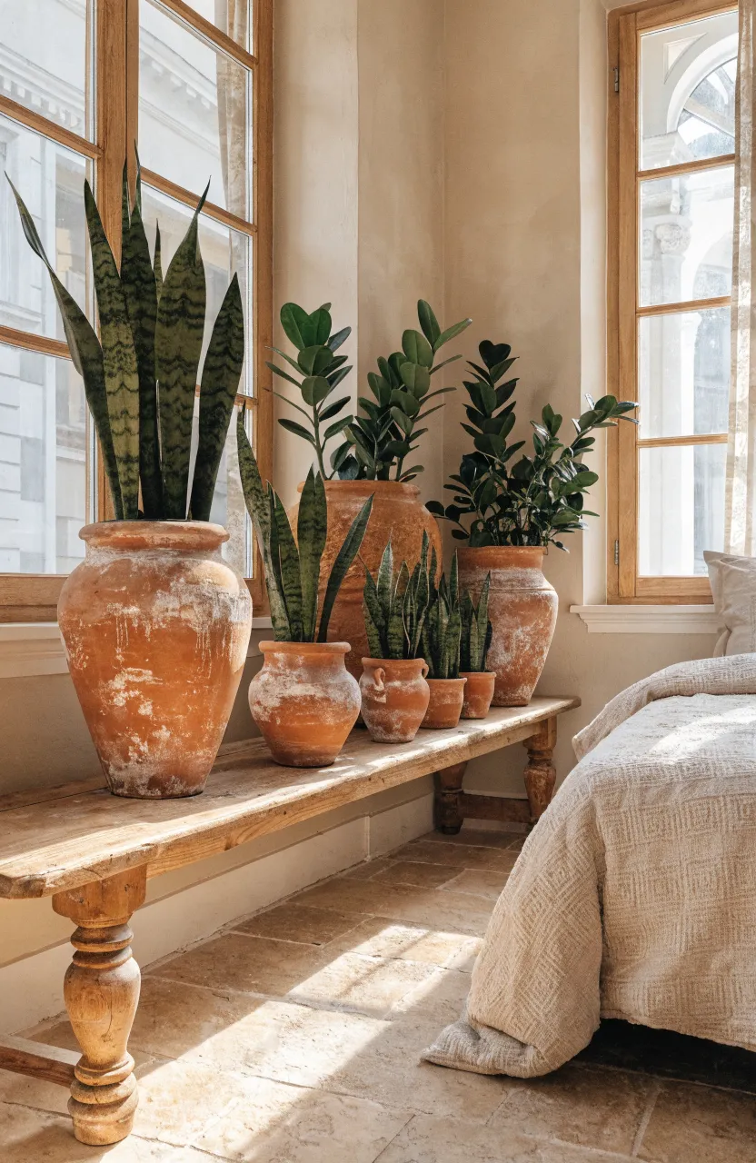 Distressed terracotta pots with green plants add warmth to a neutral beige bedroom aesthetic.