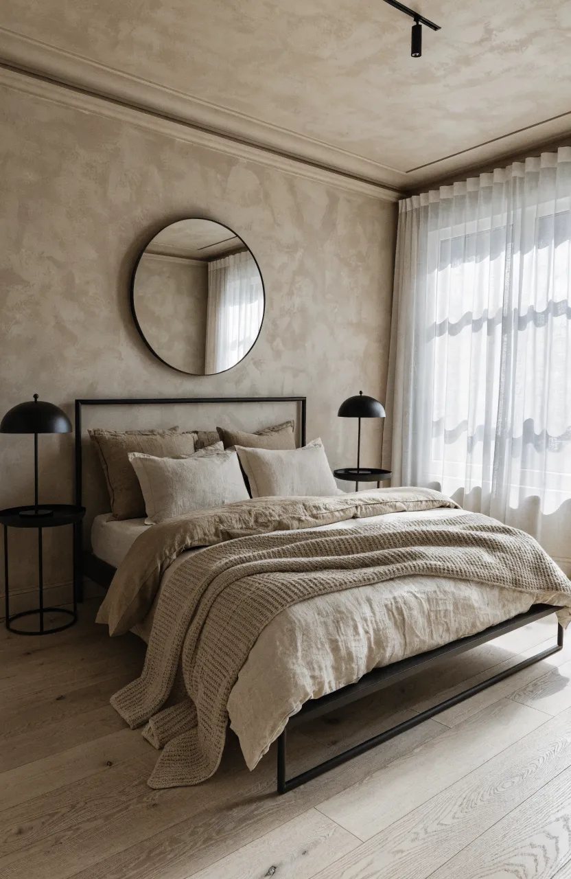 A minimalist matte black metal bed frame centered in a serene bedroom with sandy beige walls.