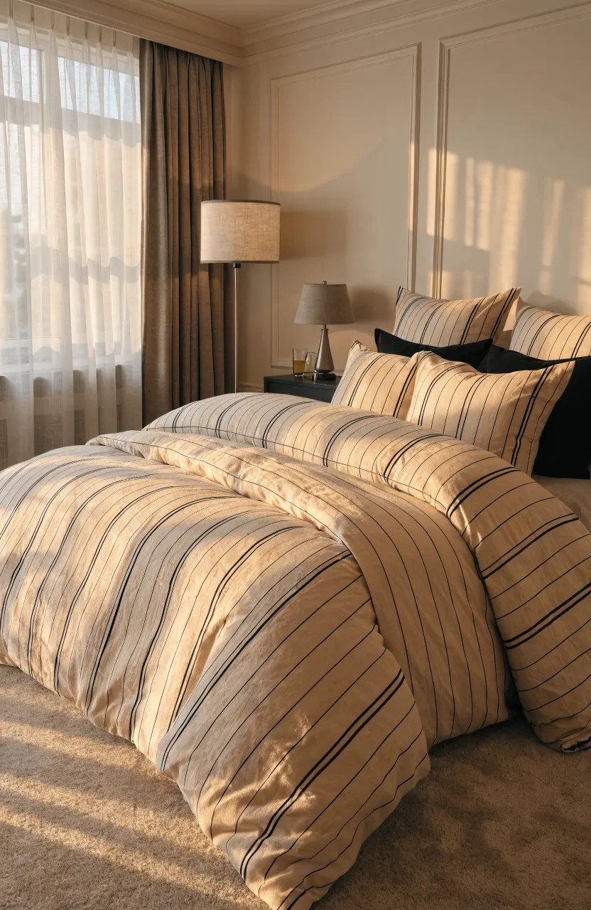 A bed with a tan pinstriped duvet and black accents in a bright, modern beige bedroom.