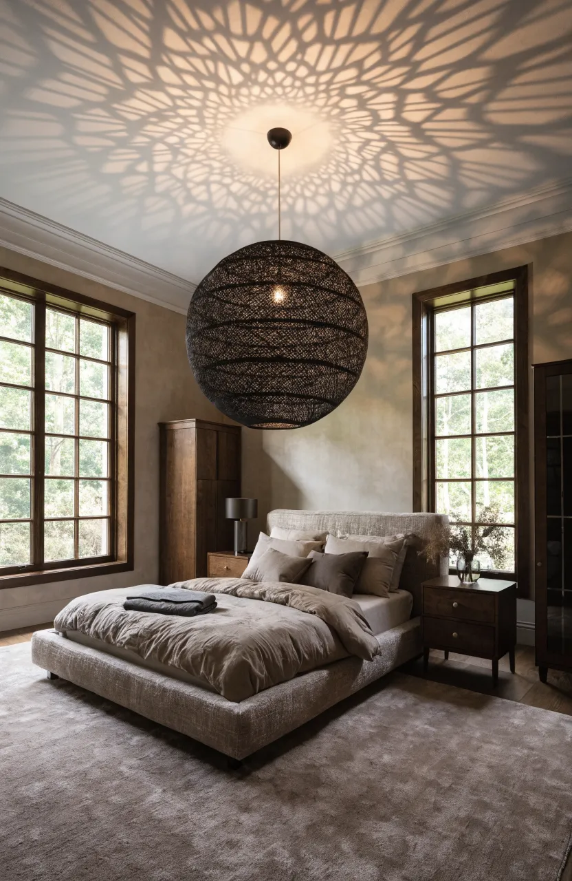 A black rattan pendant light hanging over a taupe rug in a stylish beige-toned bedroom.