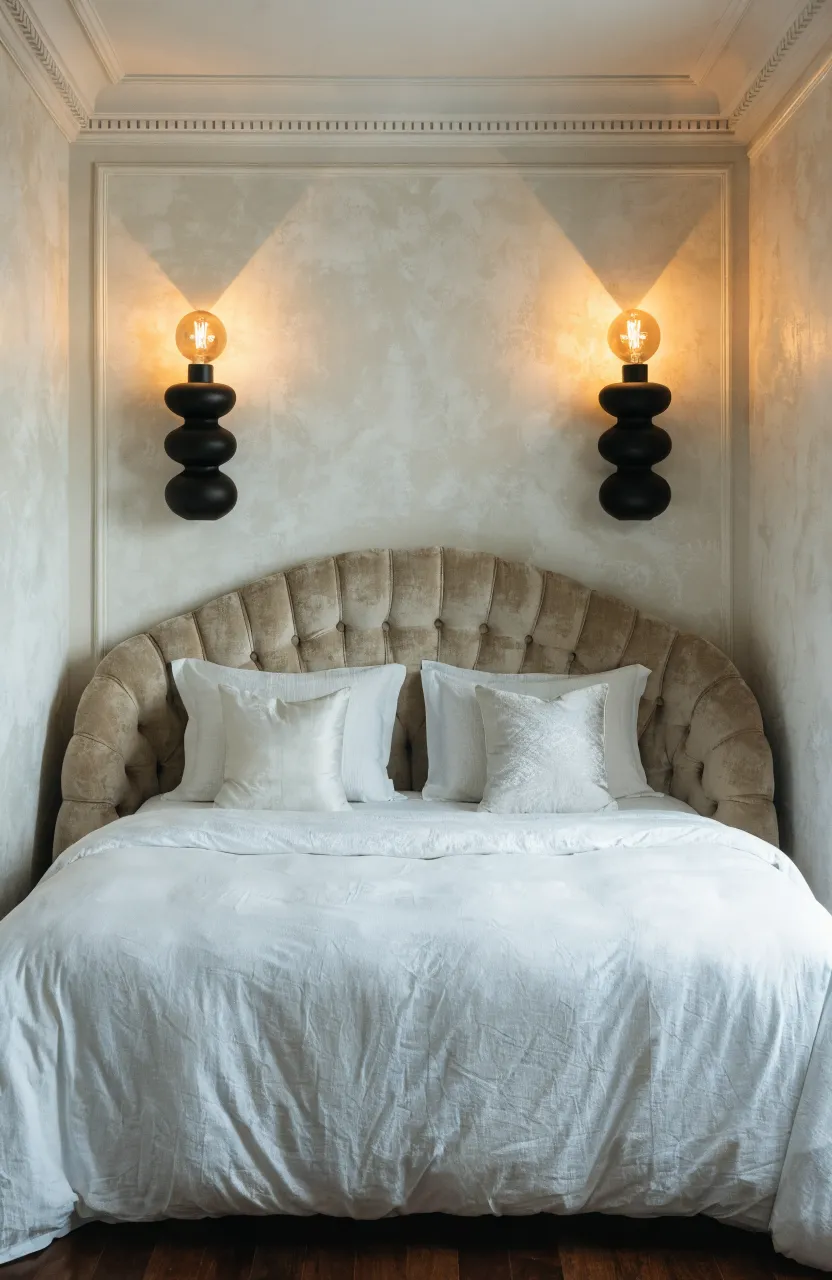 Pair of black wall sconces providing warm light on either side of a bed in a beige room.
