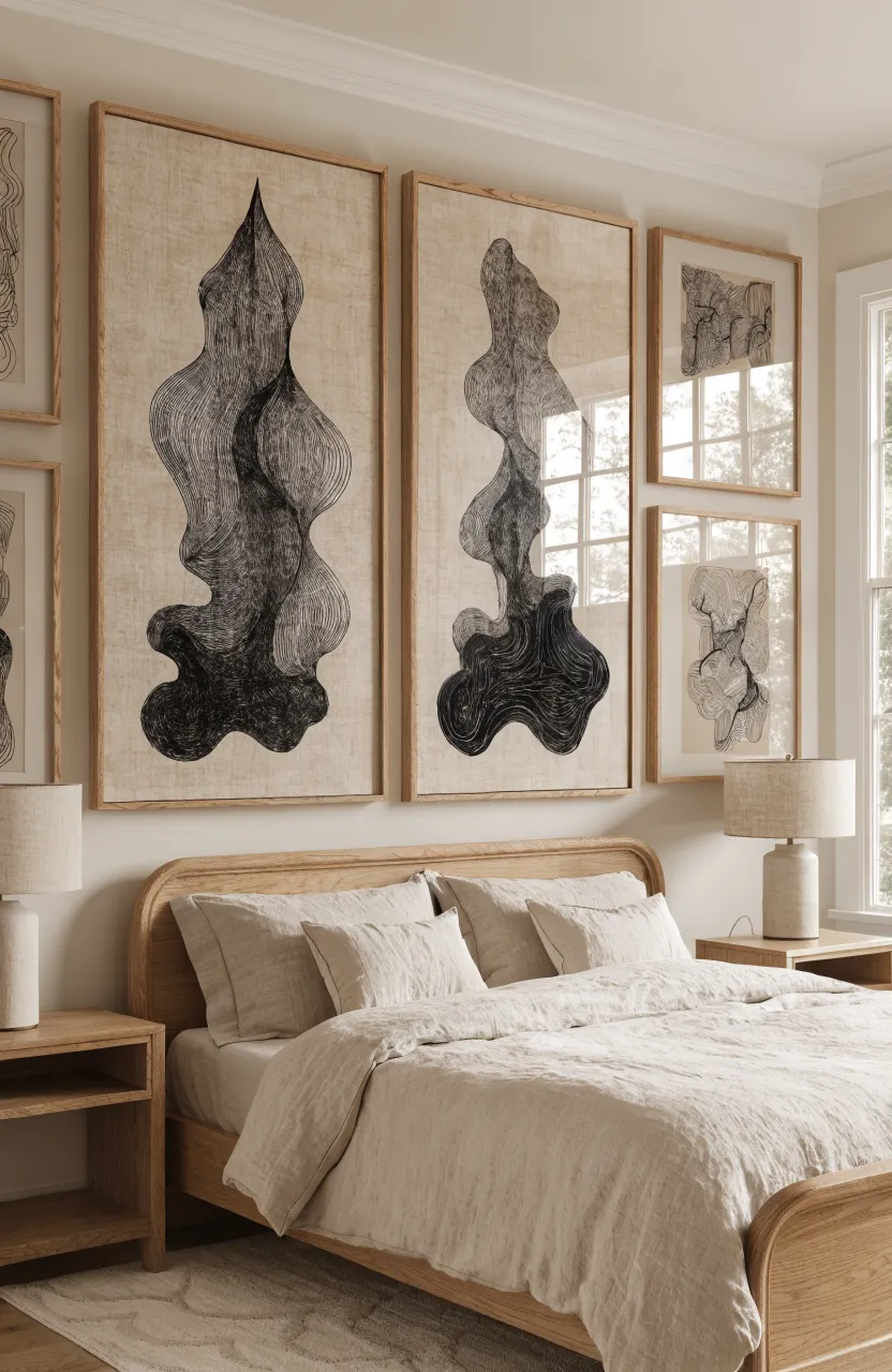 Minimalist black line art in wood frames hanging on a beige wall above a bed.