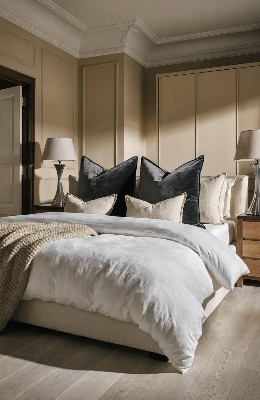 Dark charcoal velvet pillows on an ivory bed in a warm beige bedroom.