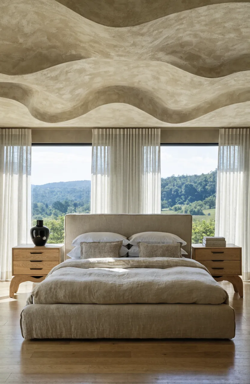 Natural oak nightstands with black handles in a modern beige bedroom.