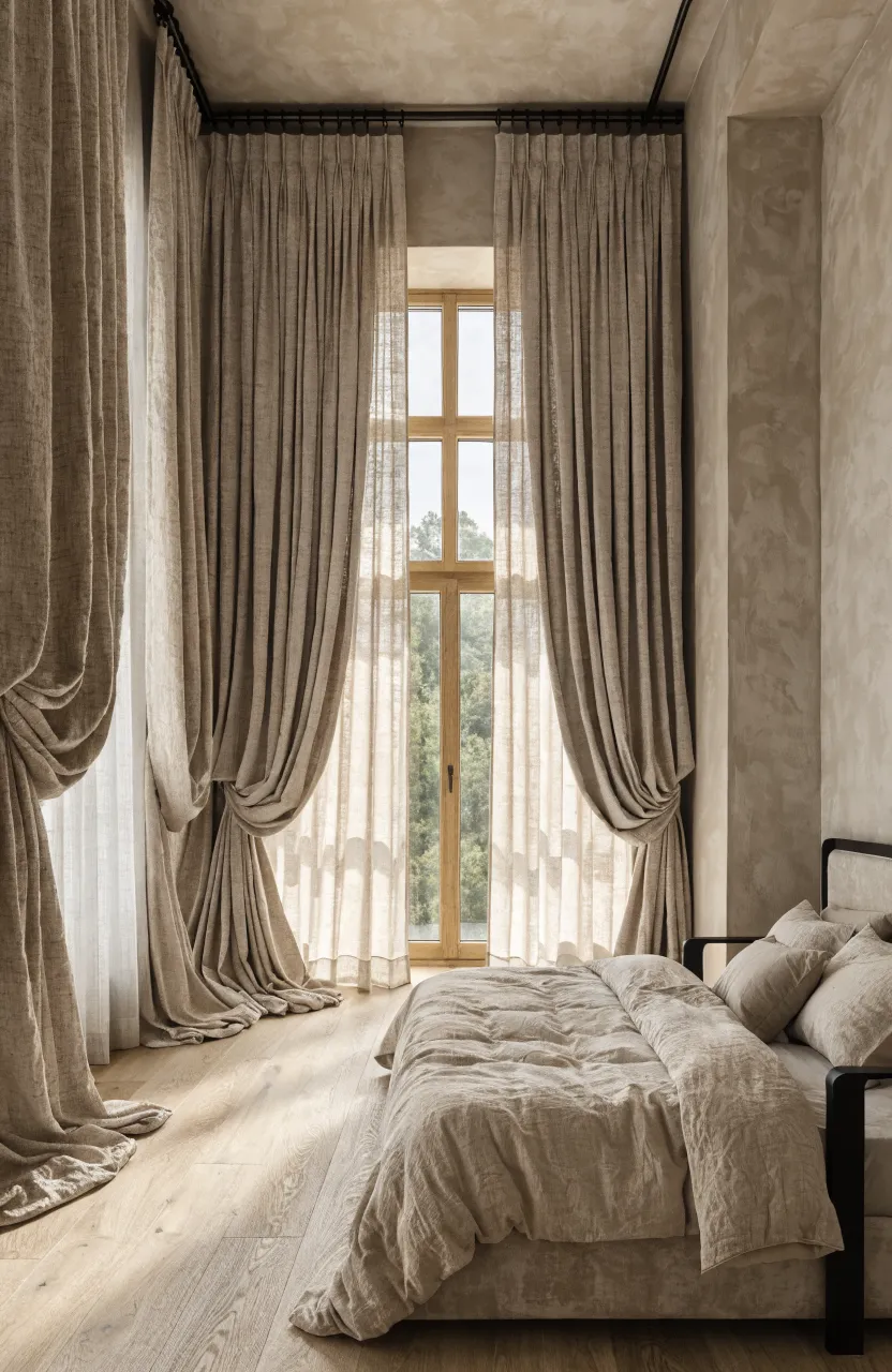 Floor-length beige linen curtains on a black metal rod in a bright, modern neutral bedroom.