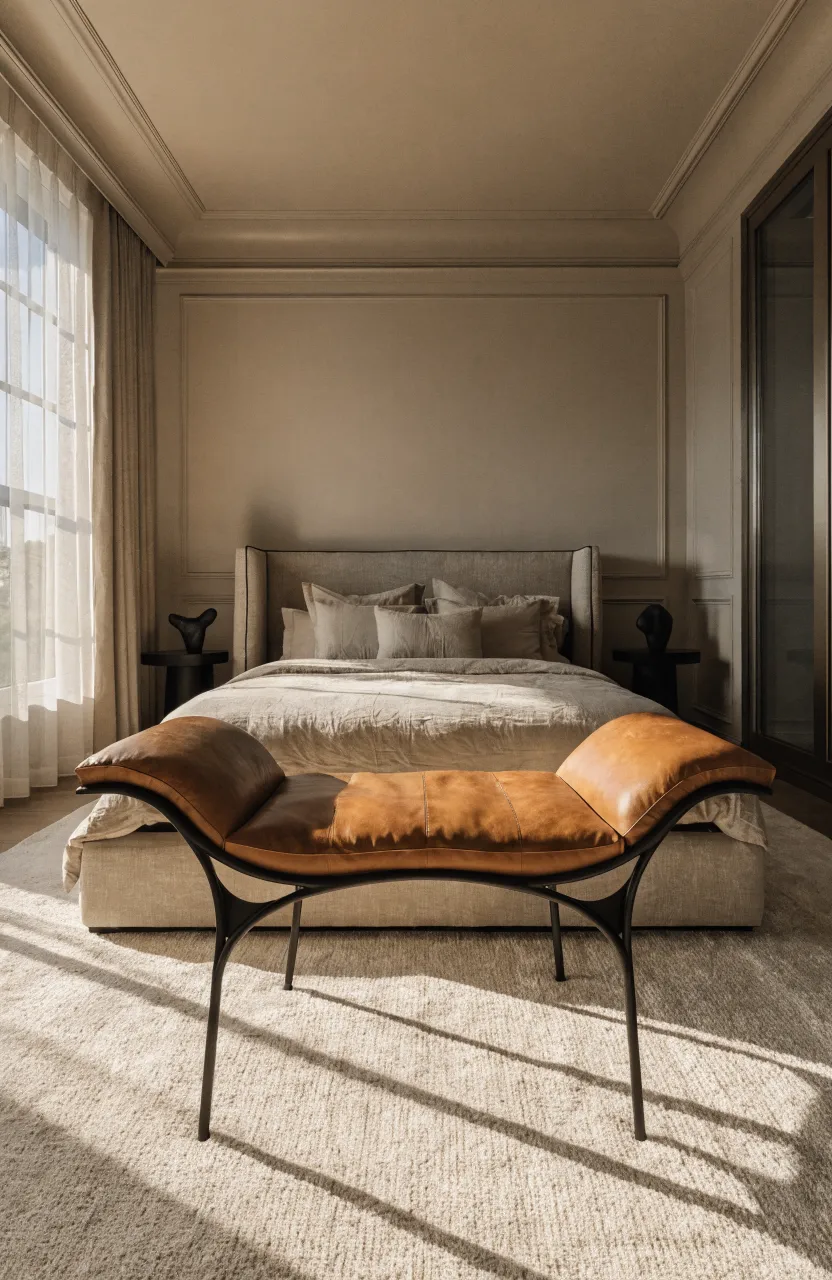 A black metal bench with a tan leather cushion at the foot of a bed in a beige bedroom.