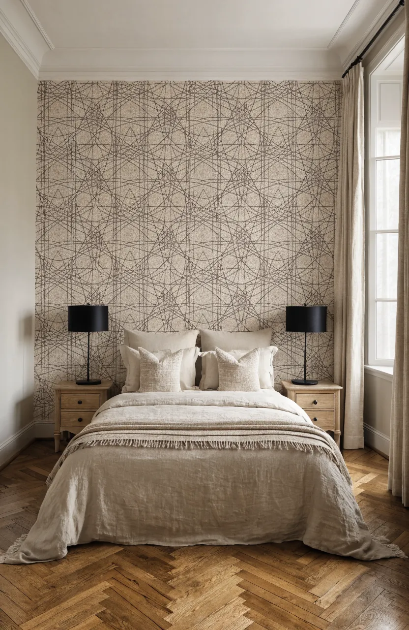 Textured beige wallpaper with a black geometric pattern on a bedroom accent wall.
