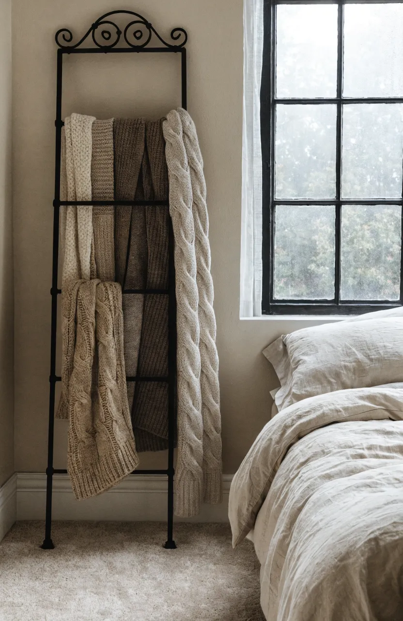 A black iron ladder holding neutral knitted blankets in the corner of a beige bedroom.