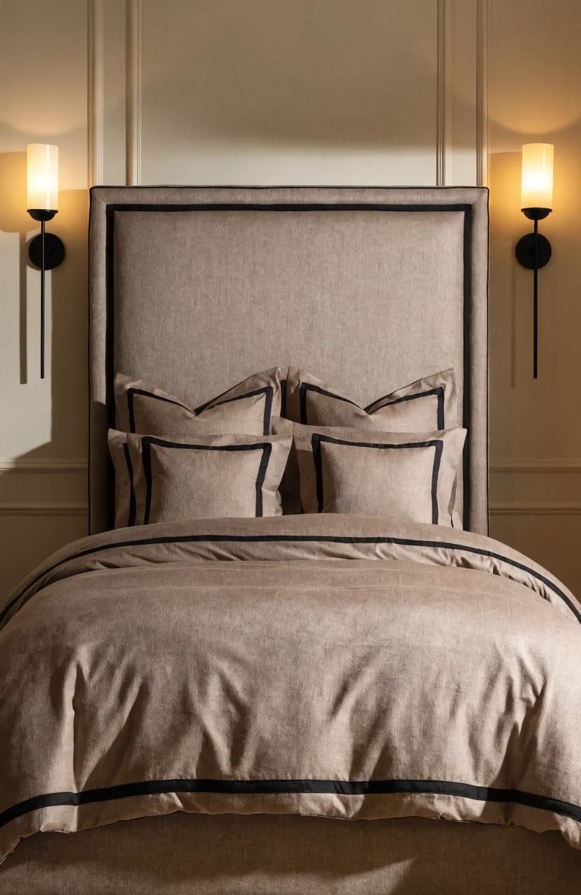 A taupe upholstered headboard with black piping in a stylish beige bedroom.