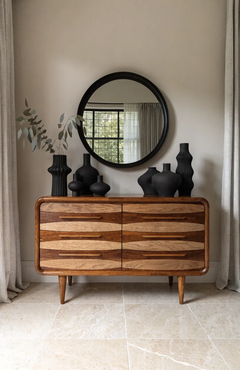 Matte black ceramic vases displayed on a wooden dresser in a neutral-toned bedroom.