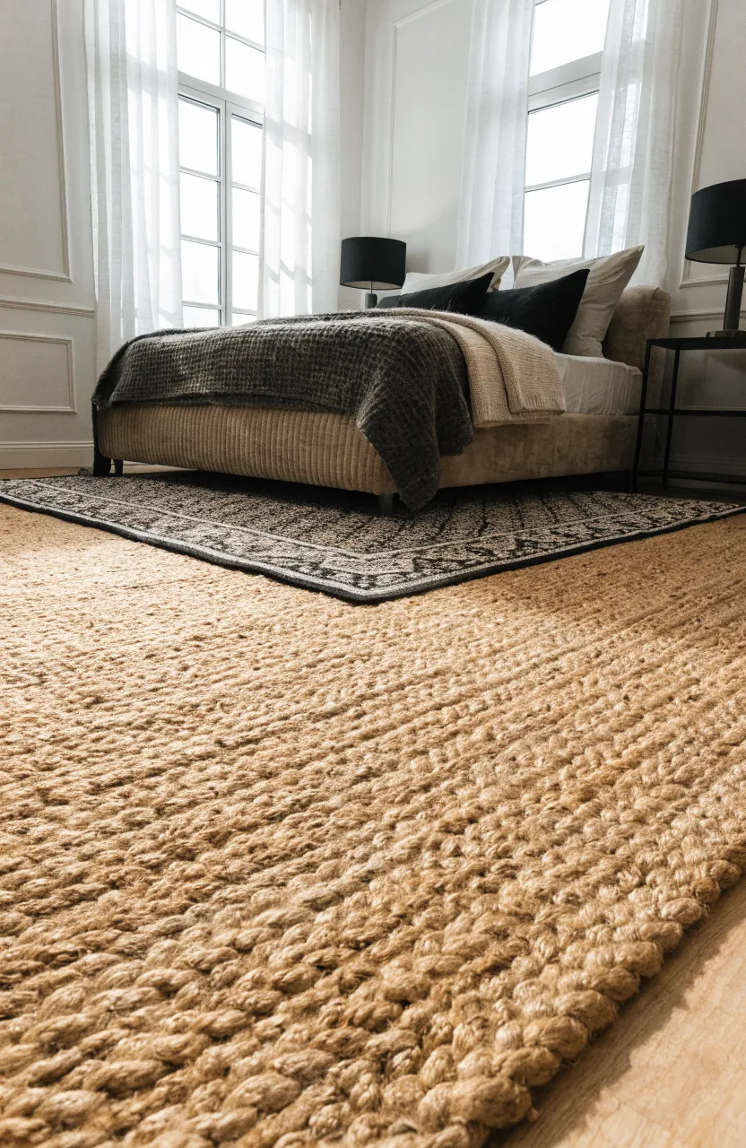 A black patterned rug layered over a large tan jute rug in a beige bedroom.