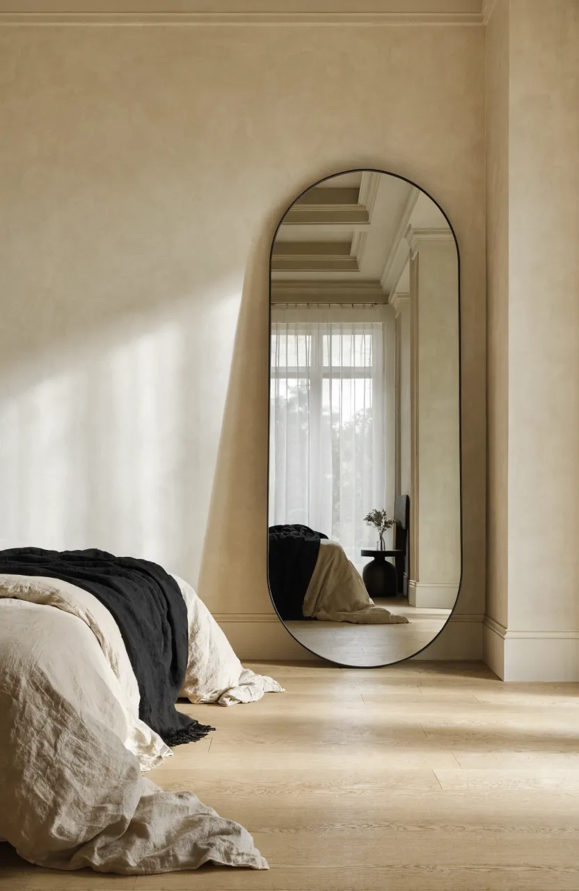 A large black-framed floor mirror leaning against a warm beige wall in a modern, sunlit bedroom.