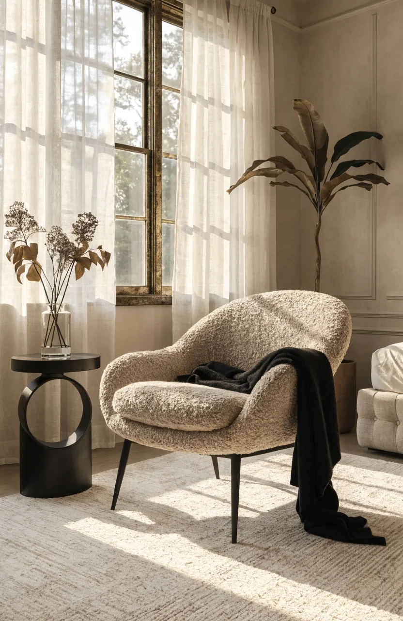 A textured beige bouclé chair with black legs in a stylish, neutral-toned bedroom corner.