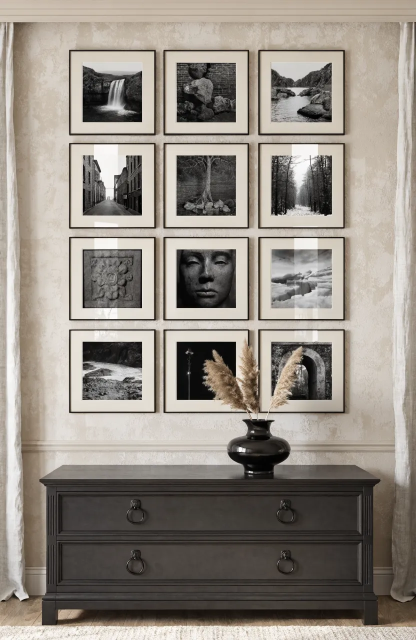 Black and white framed photos with wide cream matting on a beige bedroom wall.