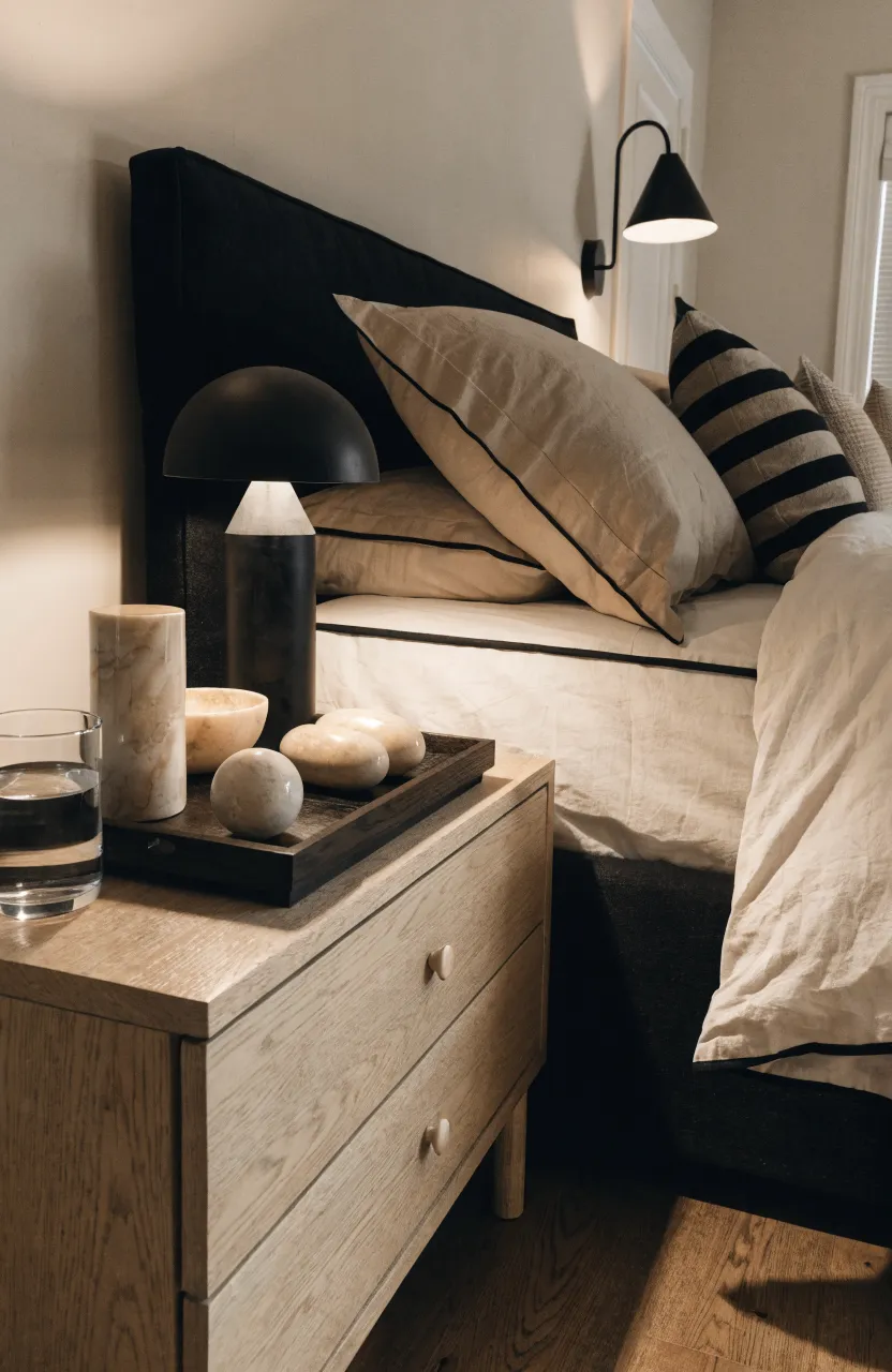 A dark wood tray with ivory coasters on a nightstand in a beige and black themed bedroom.