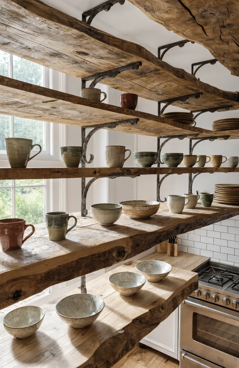 Open reclaimed wood shelves in a rustic boho kitchen filled with handmade ceramics and wooden plates.