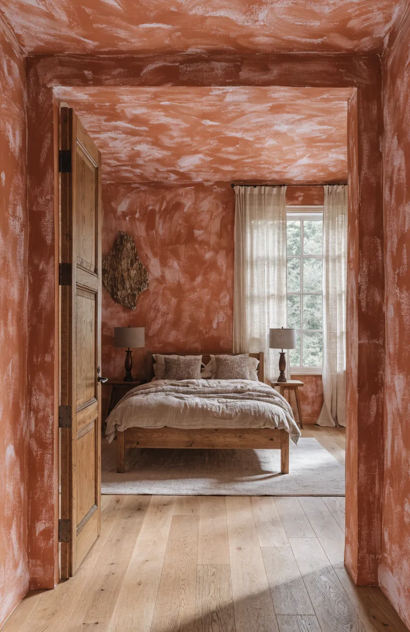 A cozy bedroom with textured terracotta lime wash walls and warm neutral decor.