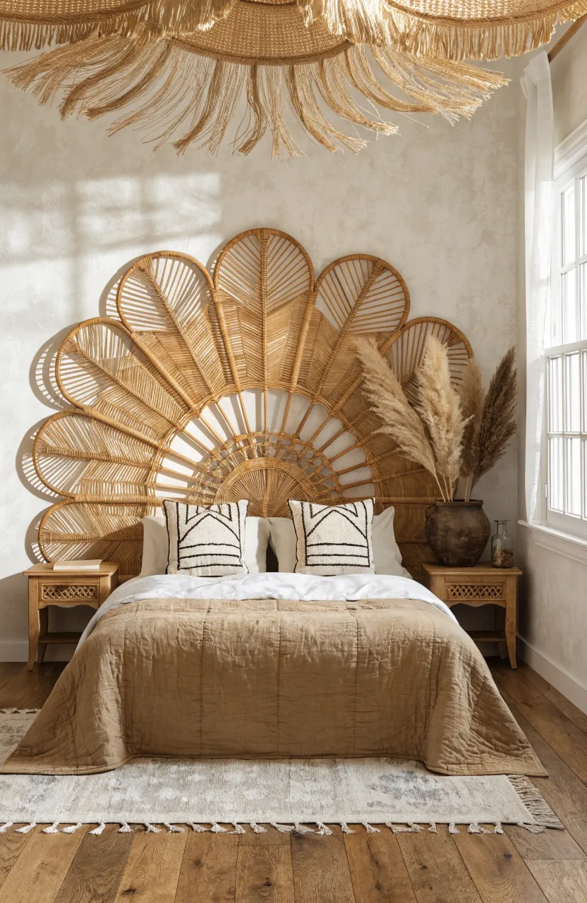 An intricate woven rattan headboard in a bright, cozy bedroom with earthy accents.