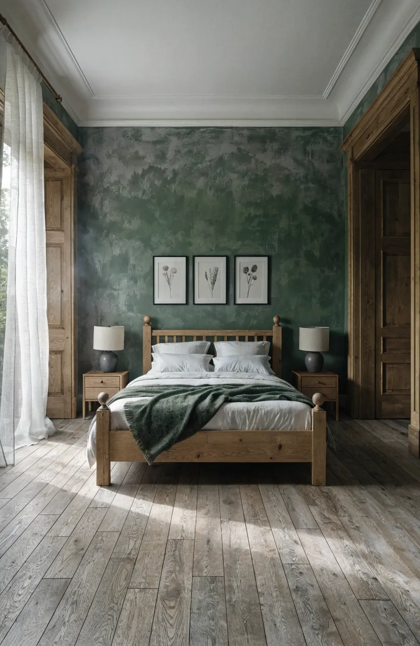 A bedroom featuring a deep sage green accent wall and natural wood furniture.