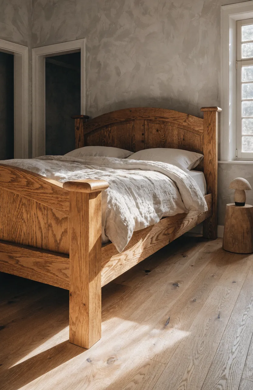 A solid oak bed frame with natural wood grain in a warm, neutral-toned bedroom.