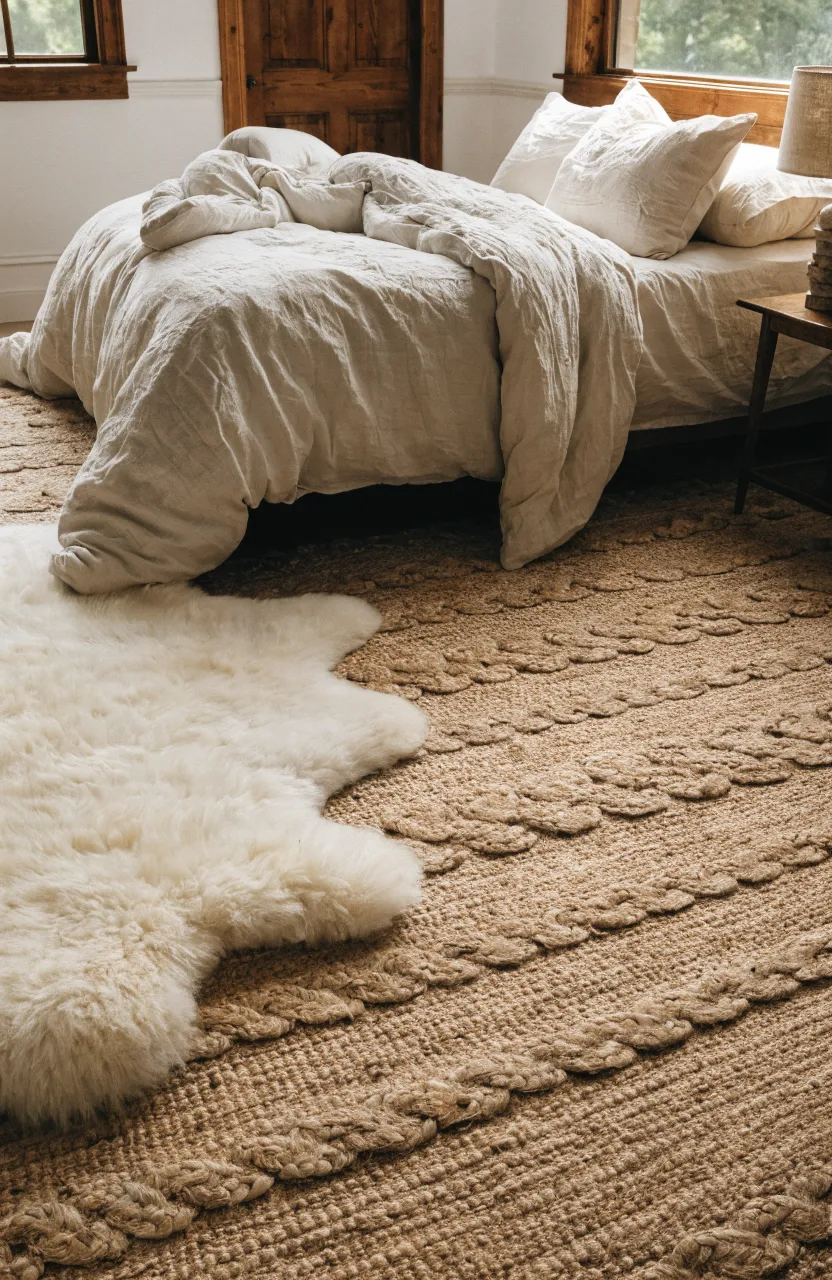 A large natural jute rug layered under a bed in a cozy earthy bedroom.