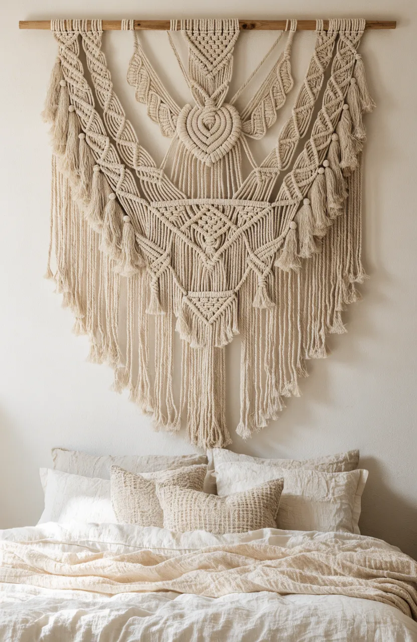 A large cream macramé wall hanging above a bed in a warm neutral bedroom.