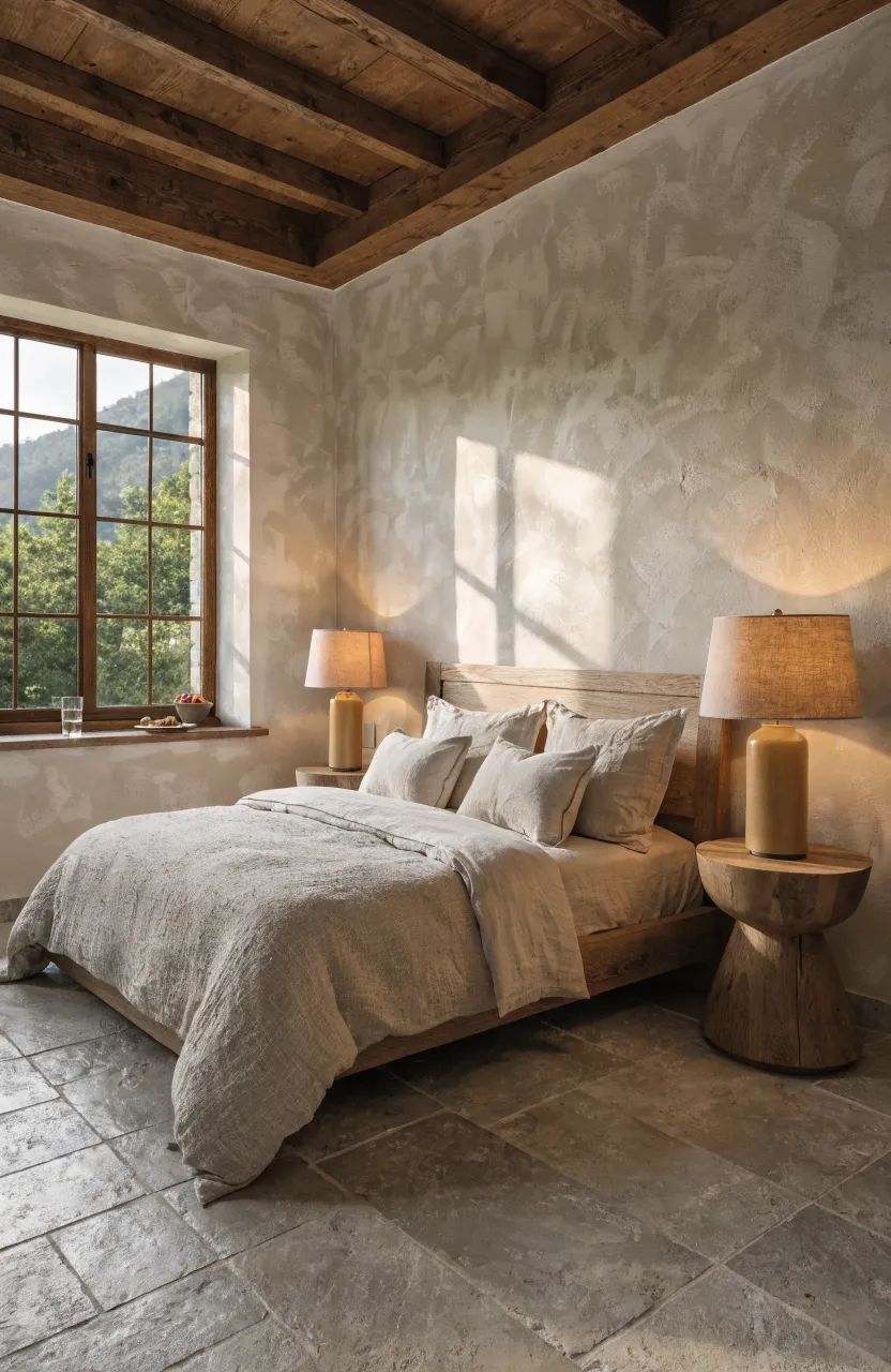 A cozy bedroom with two matte ochre ceramic lamps on oak nightstands flanking a bed with neutral linens.