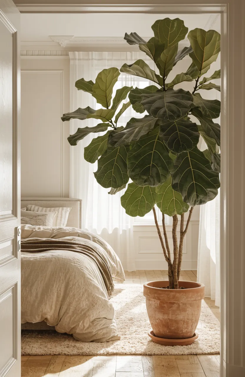 A large green Fiddle Leaf Fig plant in a terracotta pot sitting in the corner of a bright neutral bedroom.