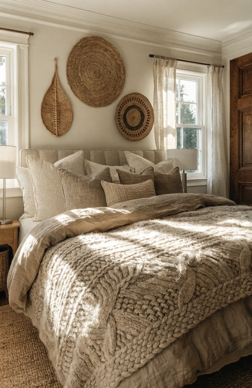 A thick oatmeal-colored chunky knit wool throw blanket draped over the corner of a bed in a cozy room.