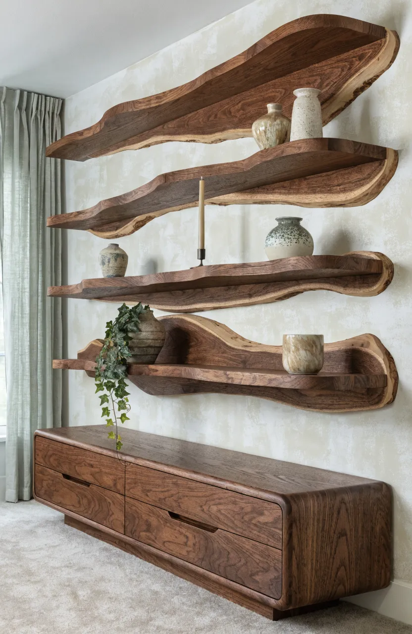 Floating live-edge wooden shelves on a beige wall holding small decorative items in a bedroom.