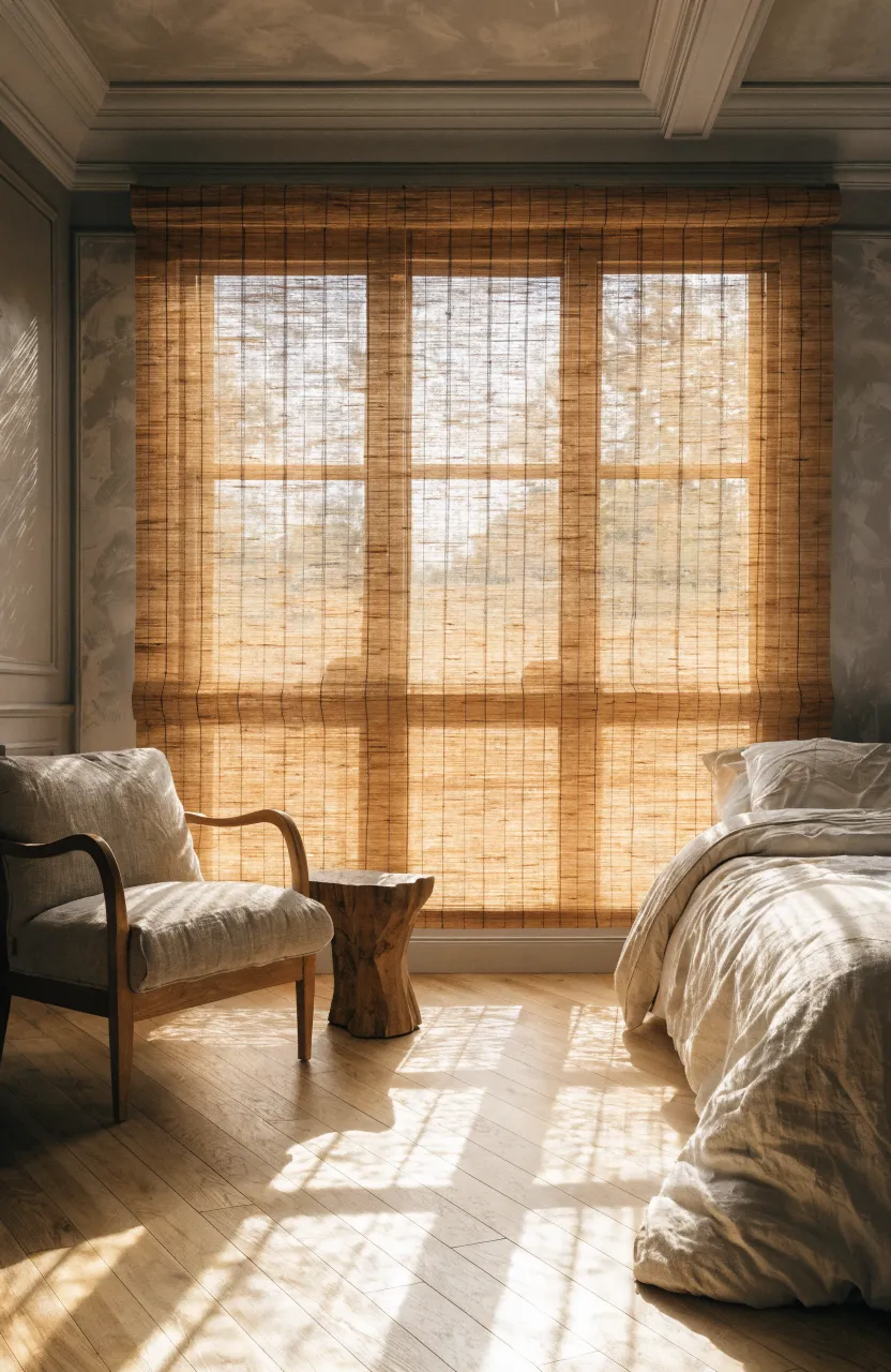 Natural bamboo roller blinds on a window filtering warm sunlight into a cozy neutral-toned bedroom.