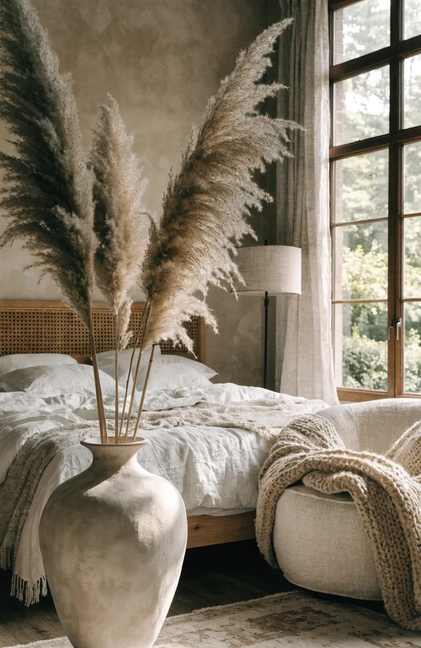 Tall, fluffy dried pampas grass in a cream floor vase standing in the corner of a neutral bedroom.