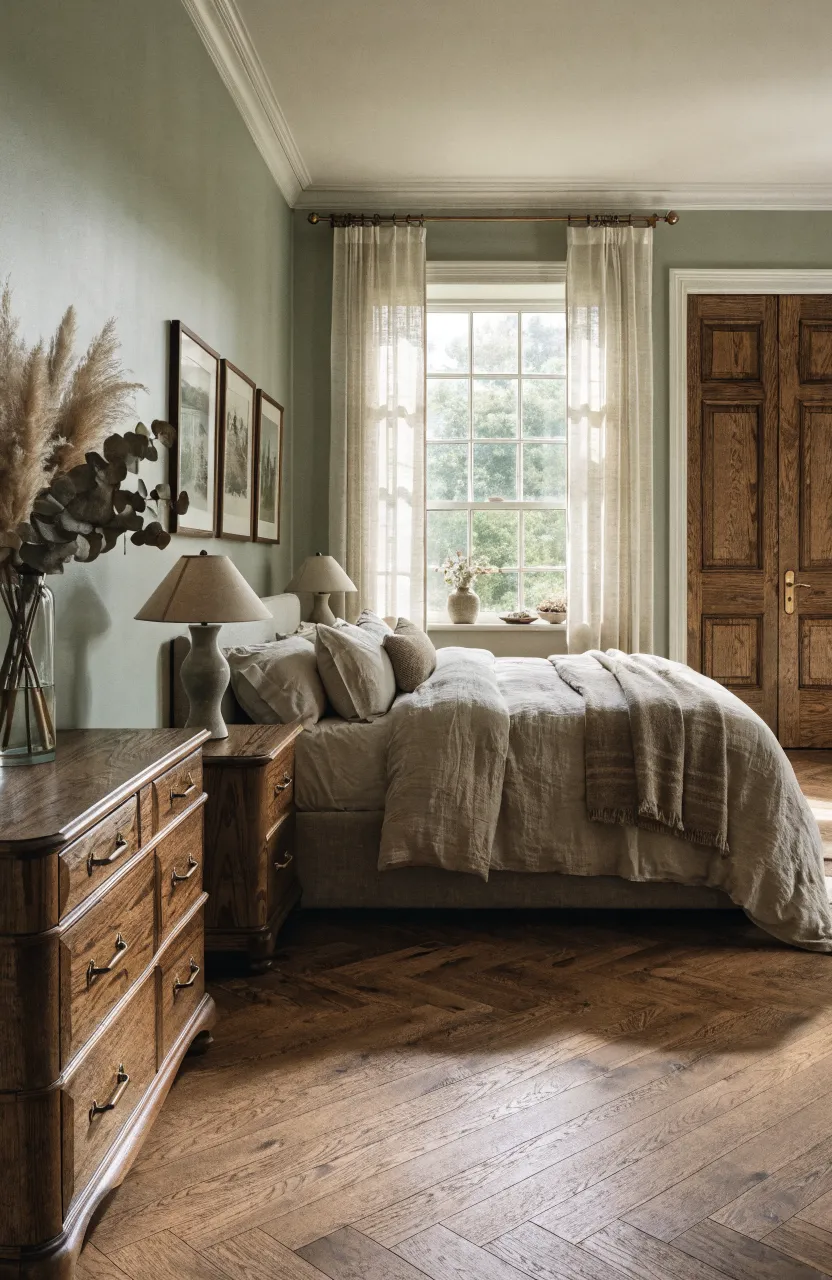 A cozy bedroom with sage green walls, dark wood furniture, and warm antique brass drawer pulls and hardware.