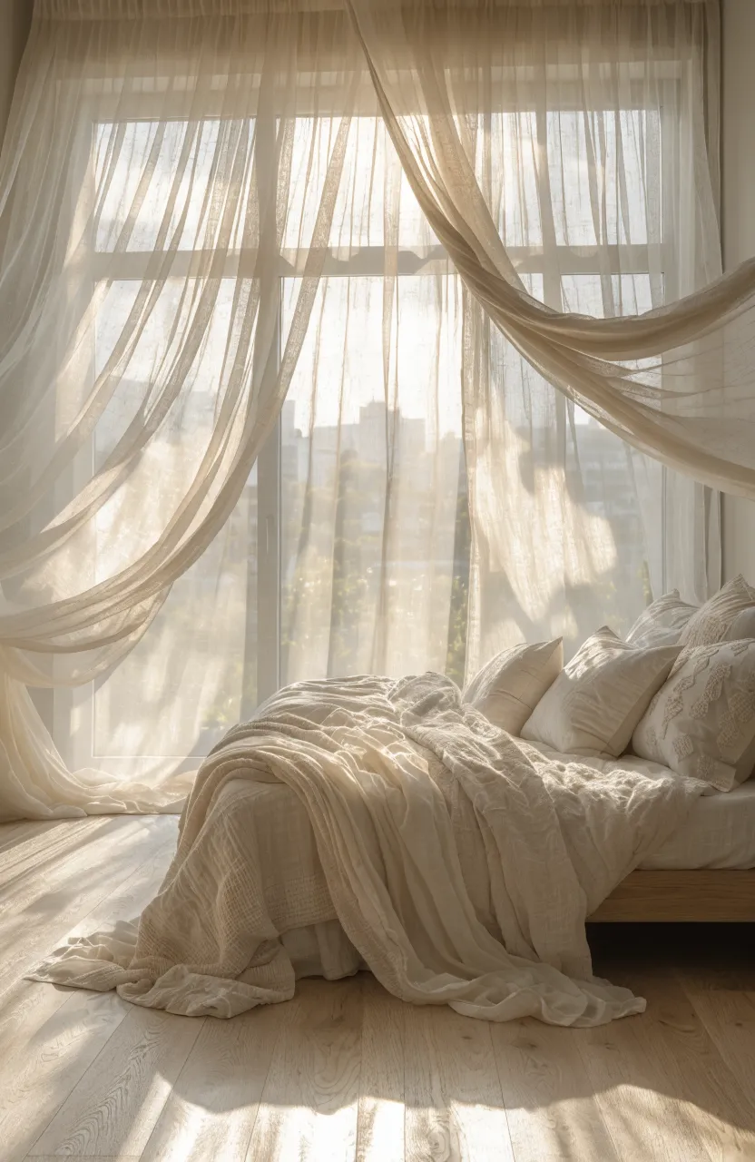 A bright bedroom with floor-to-ceiling sheer cream curtains filtering soft golden sunlight onto a wooden floor.