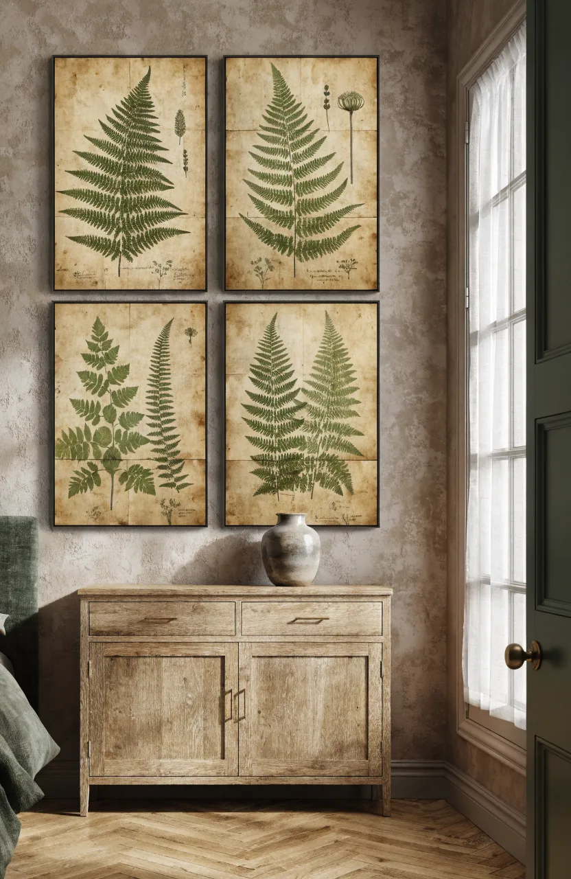 Framed vintage botanical sketches on recycled paper hanging on a warm taupe bedroom wall.