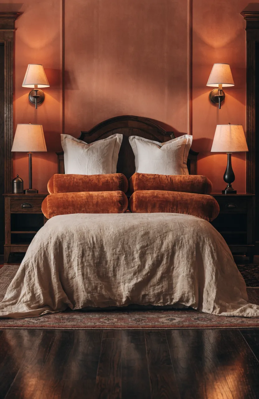 A cozy bed with sand-colored linen and vibrant burnt orange velvet lumbar pillows in a warm-toned room.