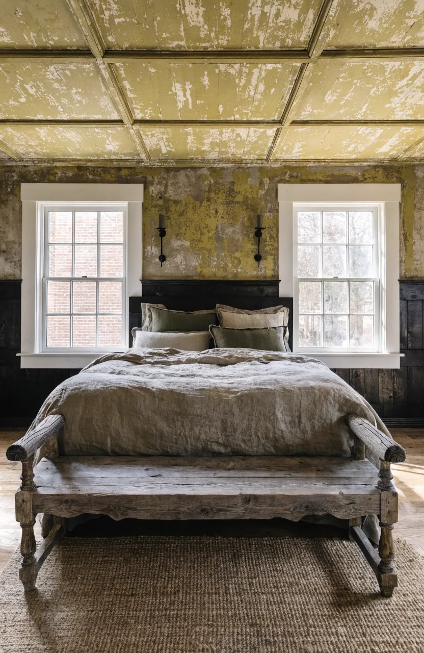 A rustic reclaimed wood bench sitting at the foot of a bed with neutral linen bedding and a jute rug.