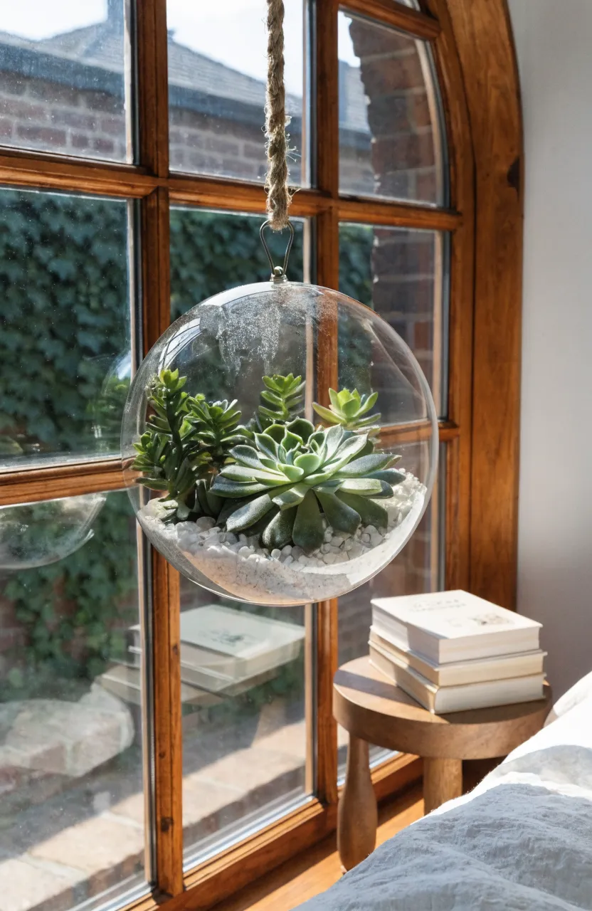 A glass terrarium with green succulents hanging in a sunlit bedroom window next to a wooden nightstand.