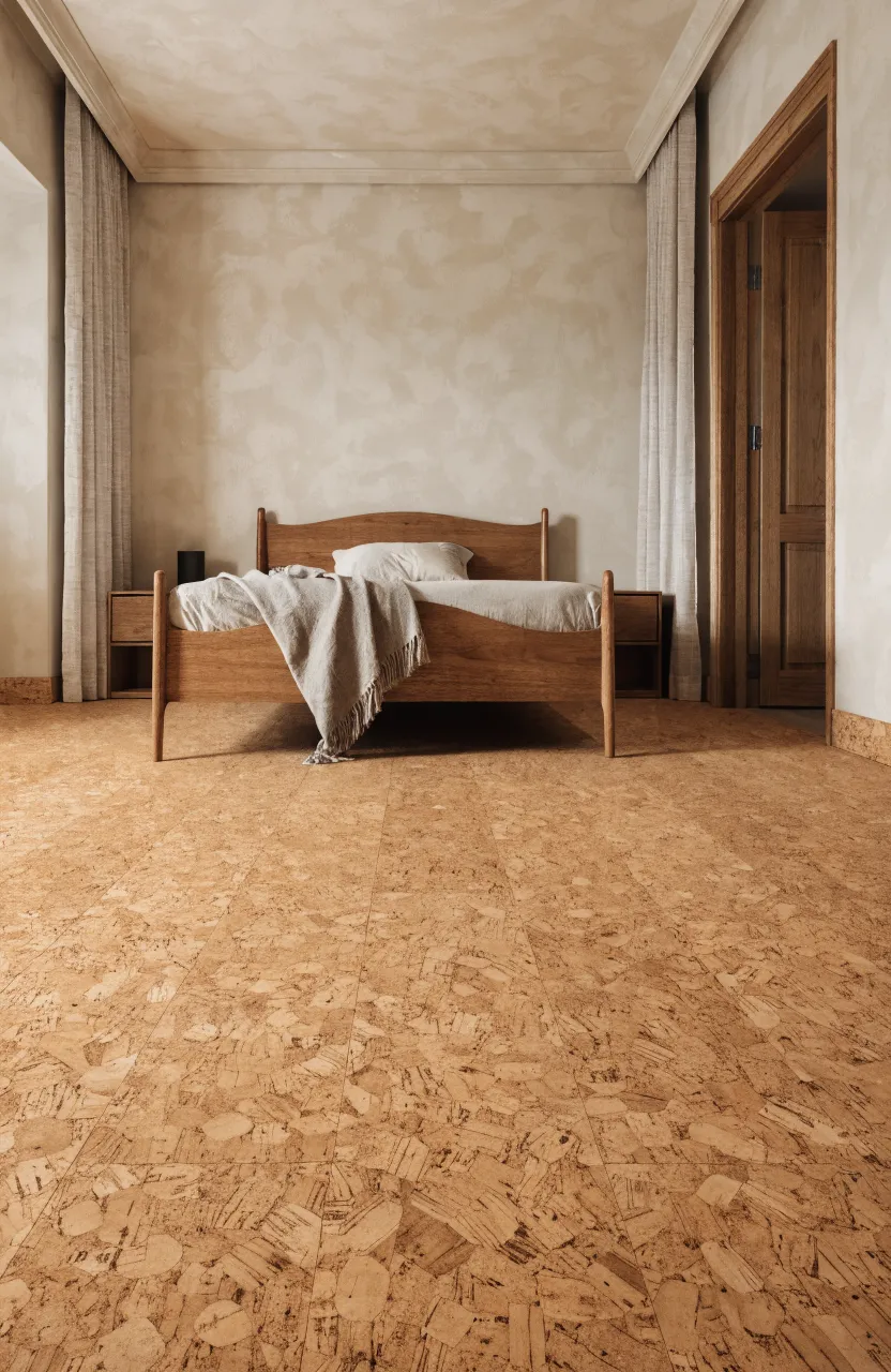 A warm bedroom featuring sustainable honey-toned cork flooring and mid-century modern wooden furniture.