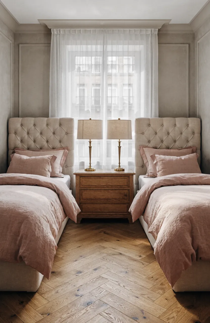A symmetrical bedroom for two sisters with matching twin beds and a shared central nightstand.