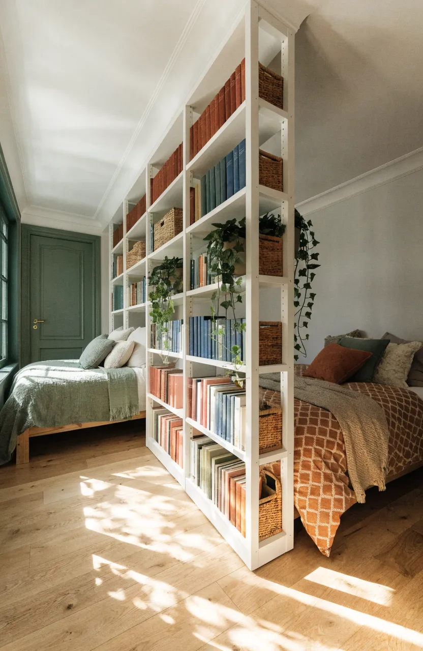 A tall white bookshelf acting as a room divider between two beds in a shared bedroom.