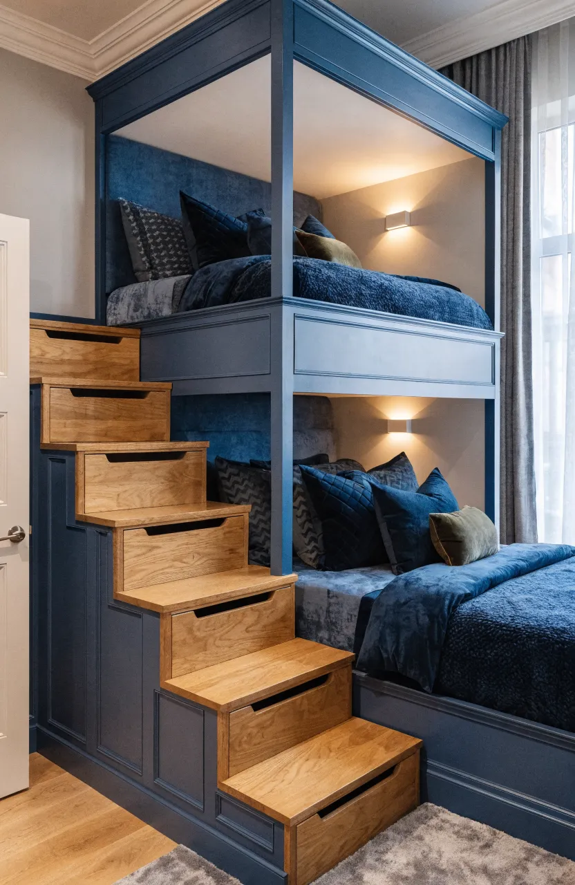 A navy blue triple bunk bed with built-in storage stairs in a shared sister bedroom.