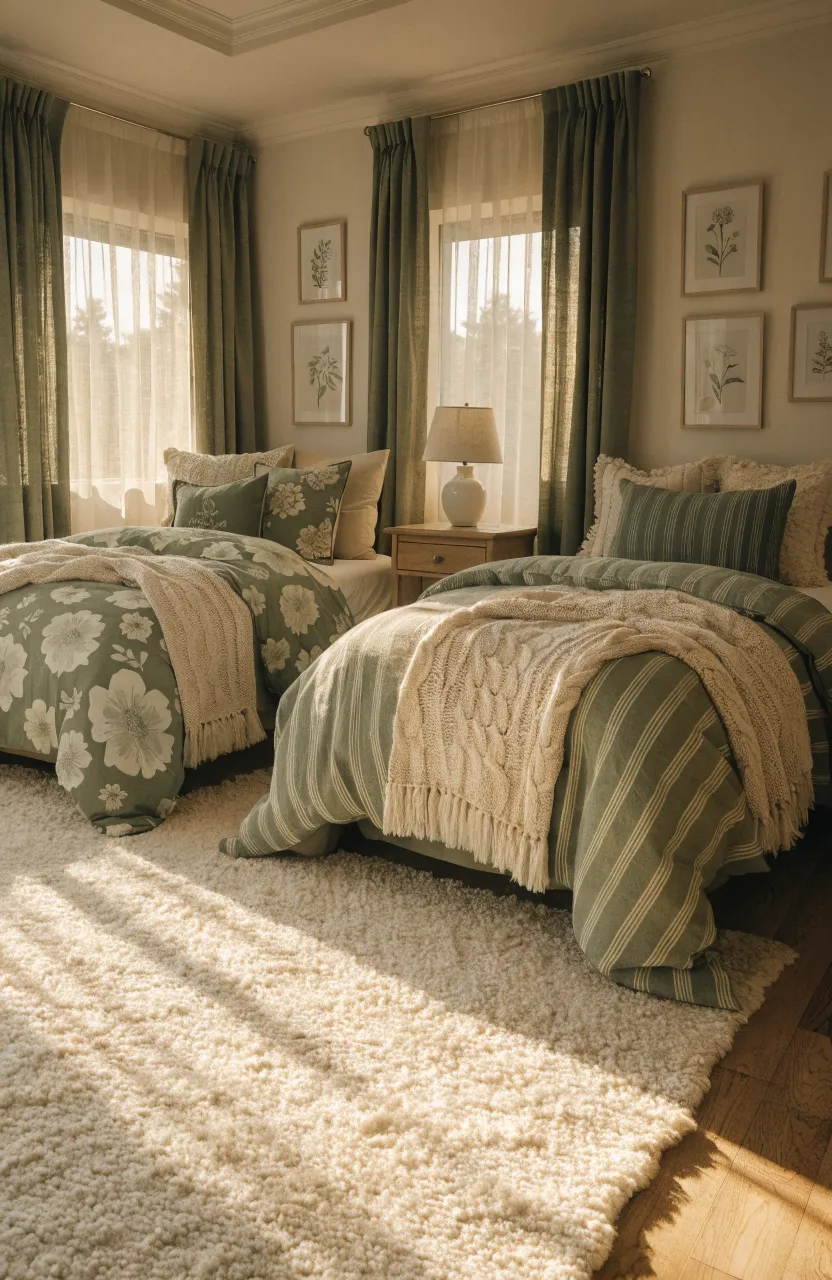 A shared bedroom with sage green and cream decor featuring different patterns on each bed.