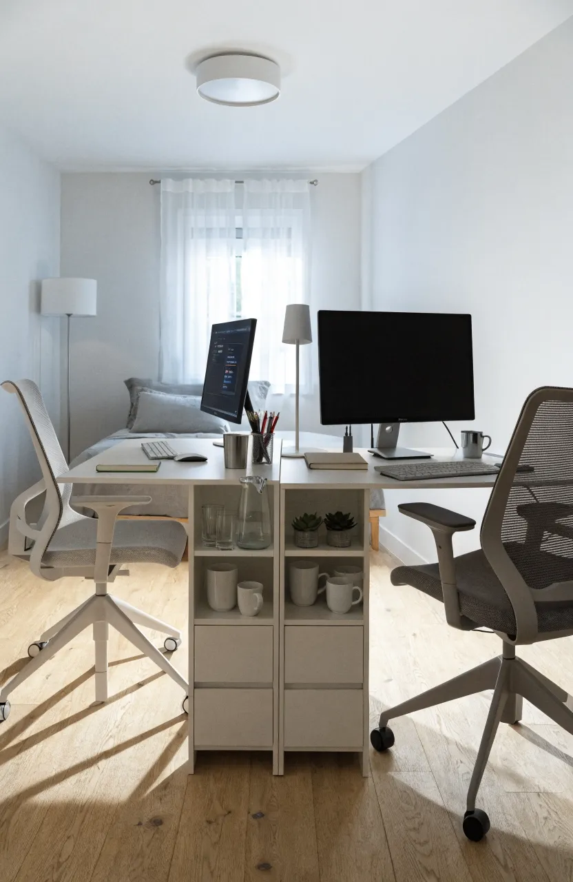 Two white desks placed back-to-back in a shared bedroom to create a study zone.