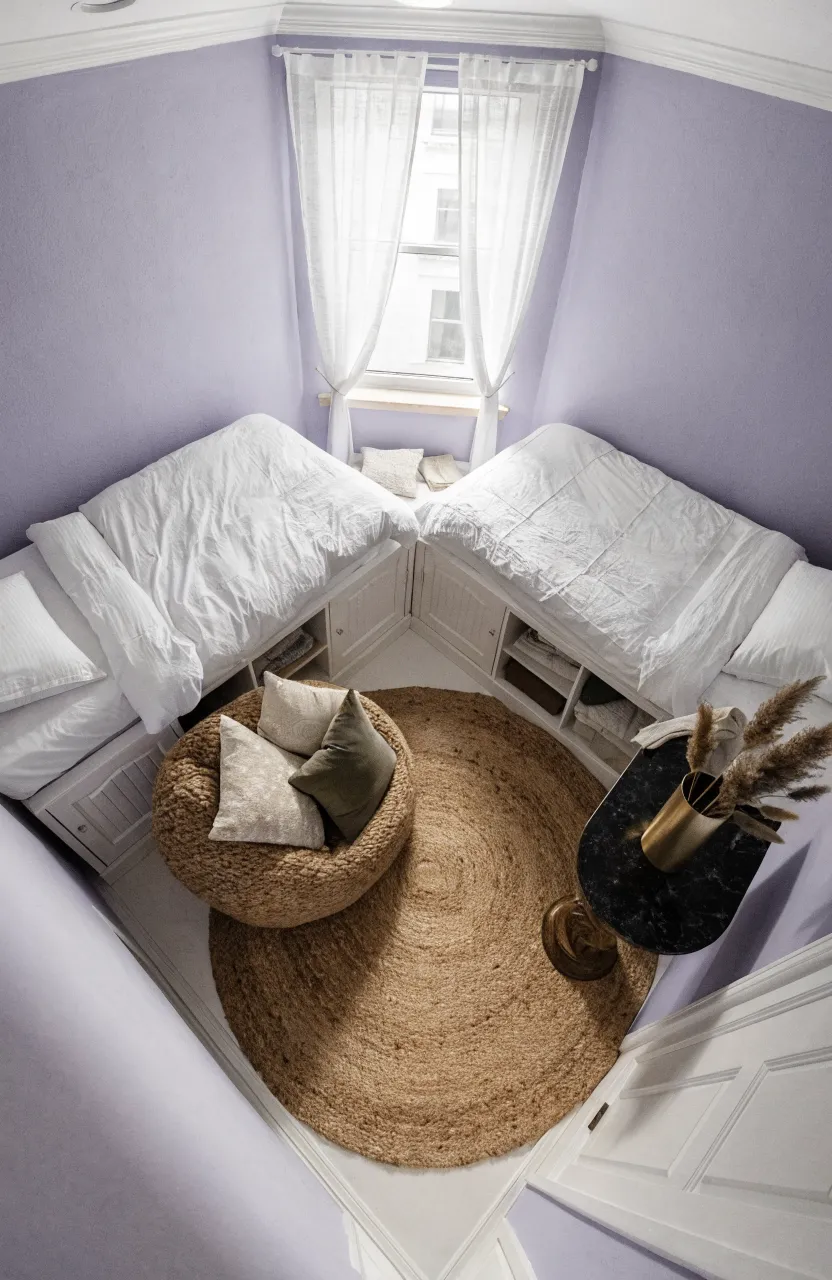 A shared bedroom with beds placed in corners to create a large open central floor area.