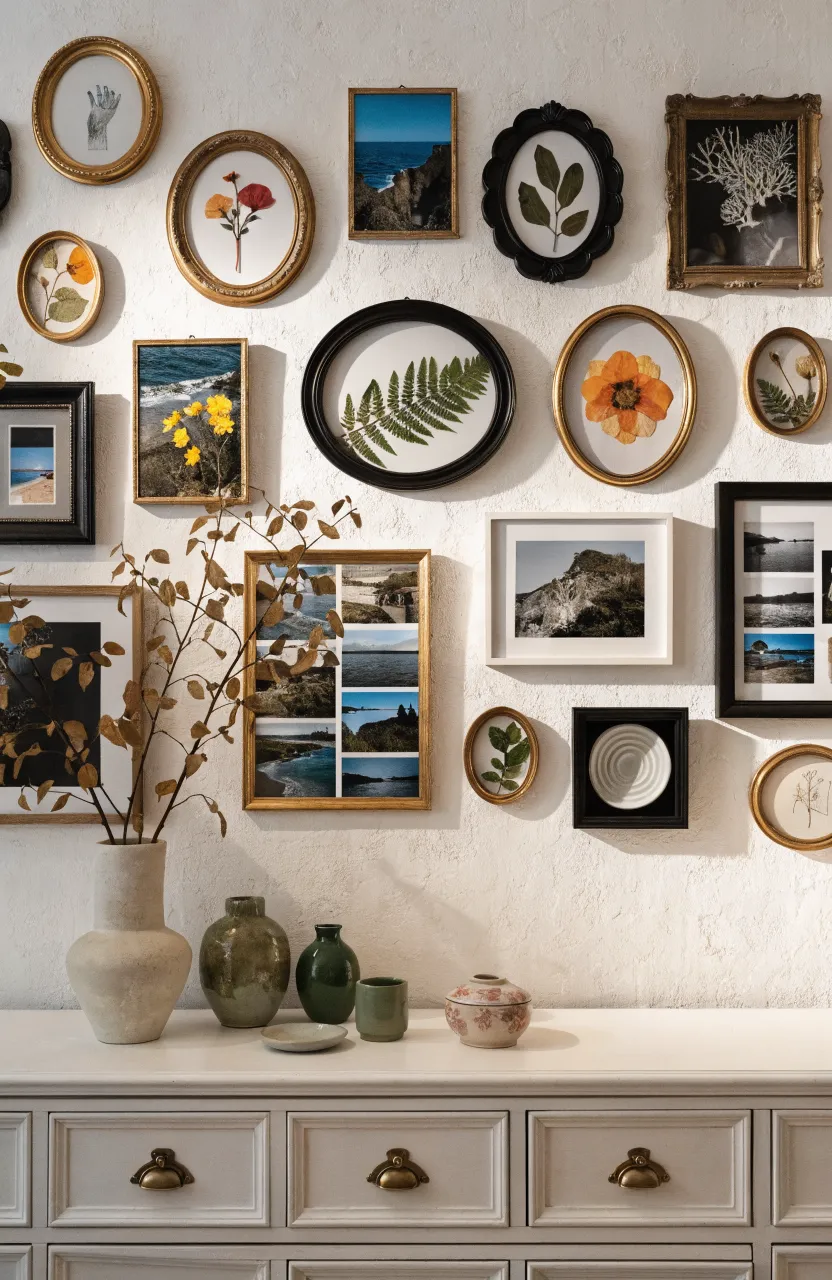 A curated gallery wall with various frames and art pieces above a dresser in a shared room.